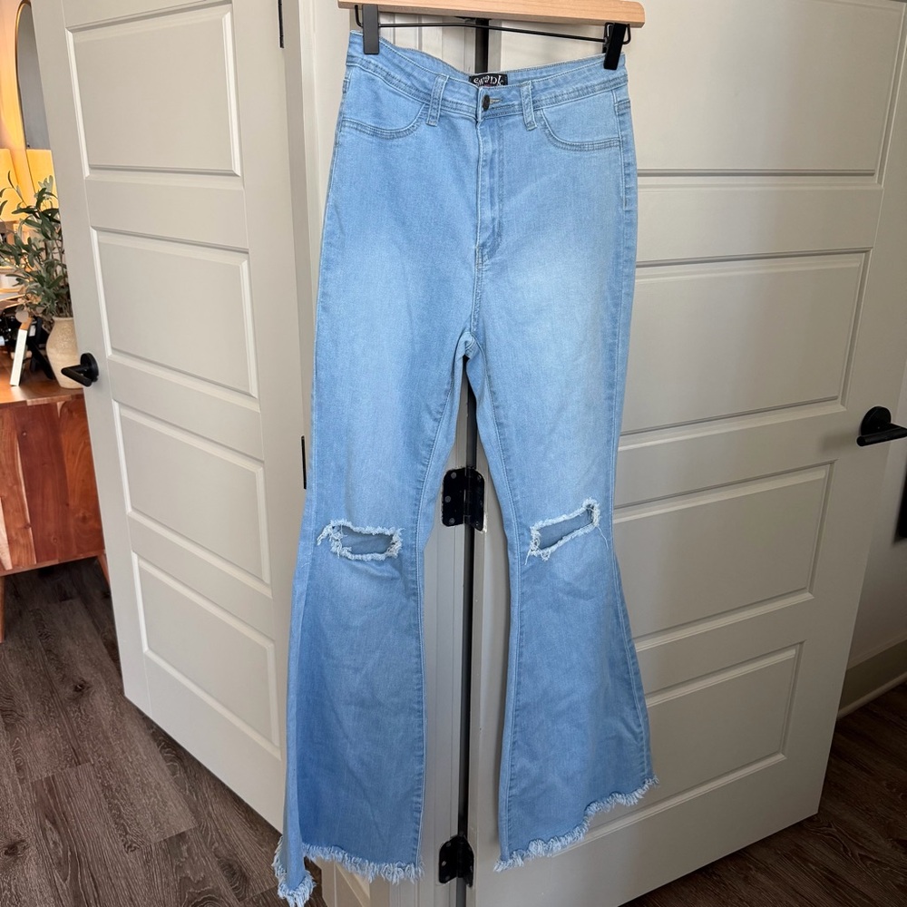 Swank A Posh Super High Waisted Slit Distressed Bell Bottoms - Picture 2 of 8